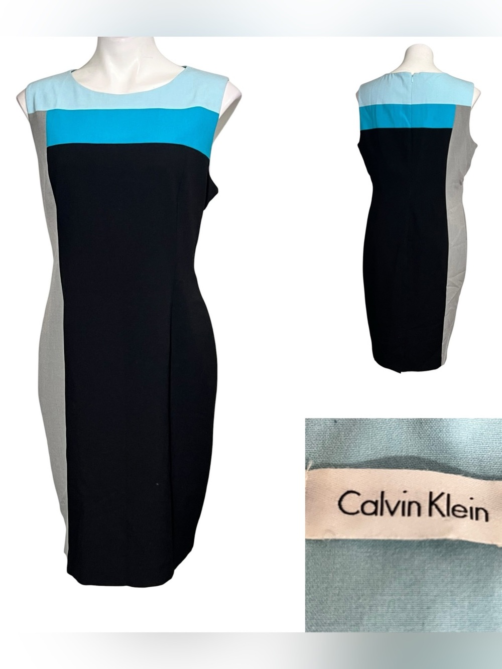 Calvin Klein L/12-14 Black Sheath Dress with Blue/Black Colorblock office church